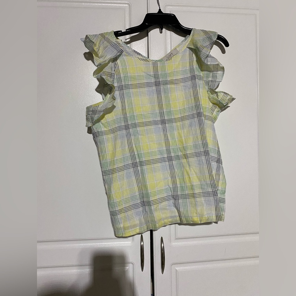 LOFT NWT Yellow and Blue Plaid Ruffle Sleeve Blouse